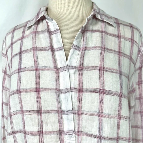 GAP‎ Pink White Plaid Popover Tunic Boyfriend Shirt 100% Linen Long Sleeve Sz M - Picture 2 of 7